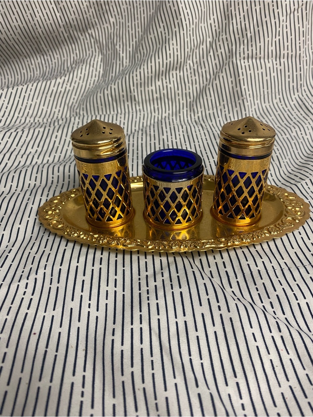 Vintage Mayell England Gold Electroplate & Cobalt Blue Glass Condiment Set